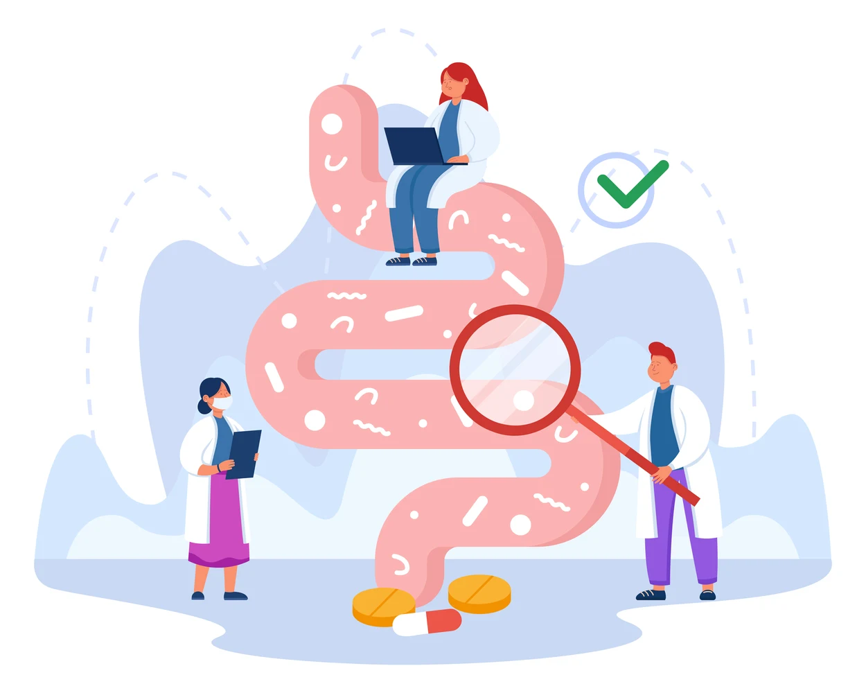 Ilustración de un intestino examinado por un equipo de profesionales de la salud